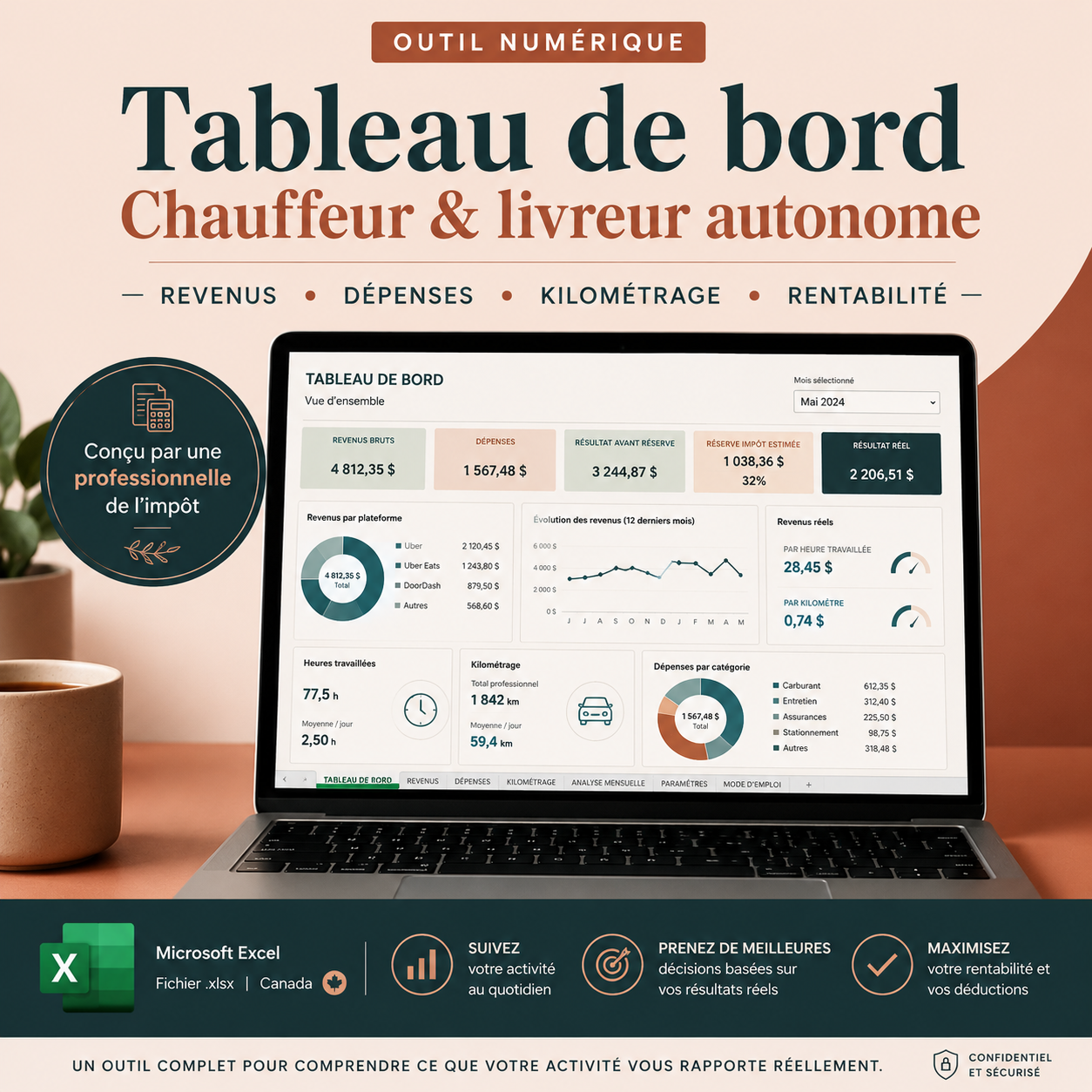 Tableau Excel Uber – Revenus, dépenses et kilométrage